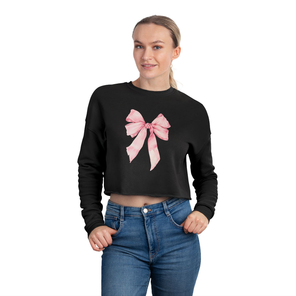 Soft Pink Bow Cropped Sweatshirt – Sweet With A Side of Sass - Women's Bella + Canvas Cropped Sweatshirt