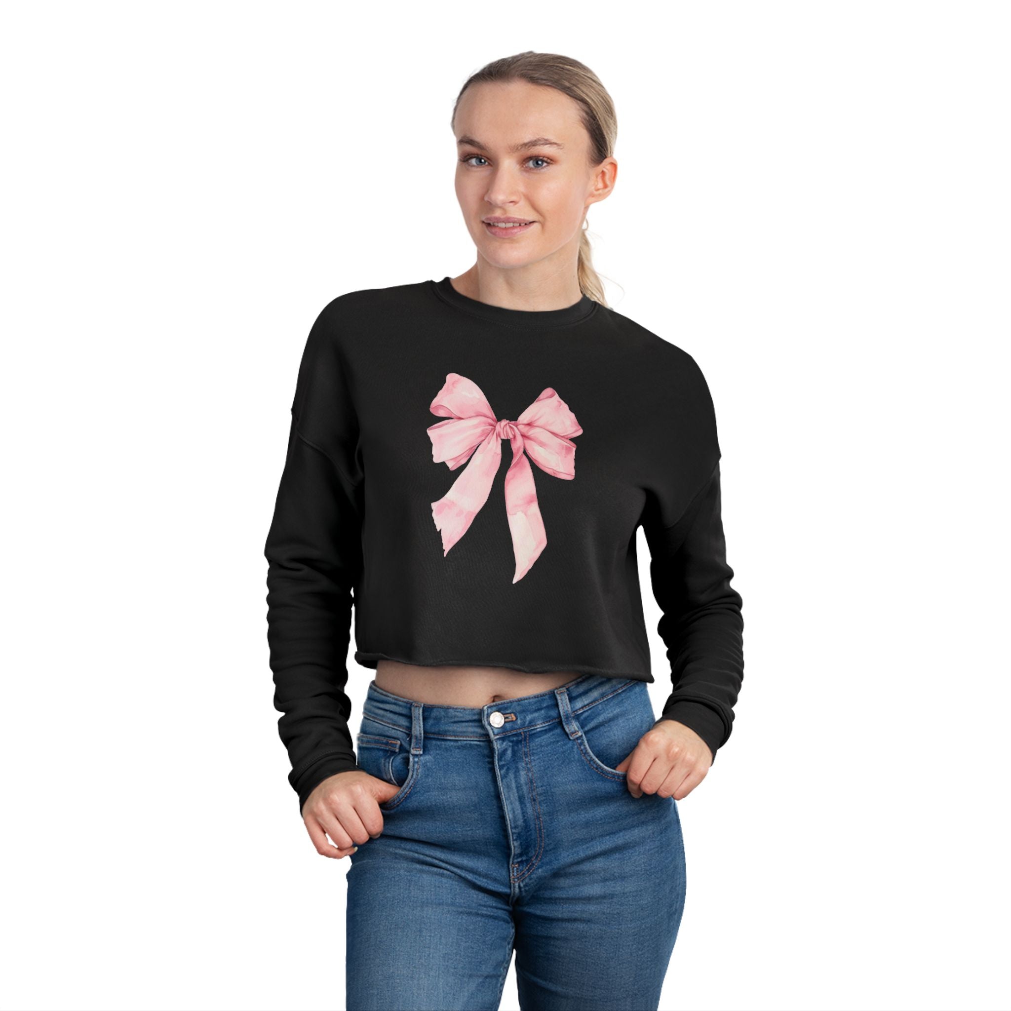 Soft Pink Bow Cropped Sweatshirt – Sweet With A Side of Sass - Women's Bella + Canvas Cropped Sweatshirt