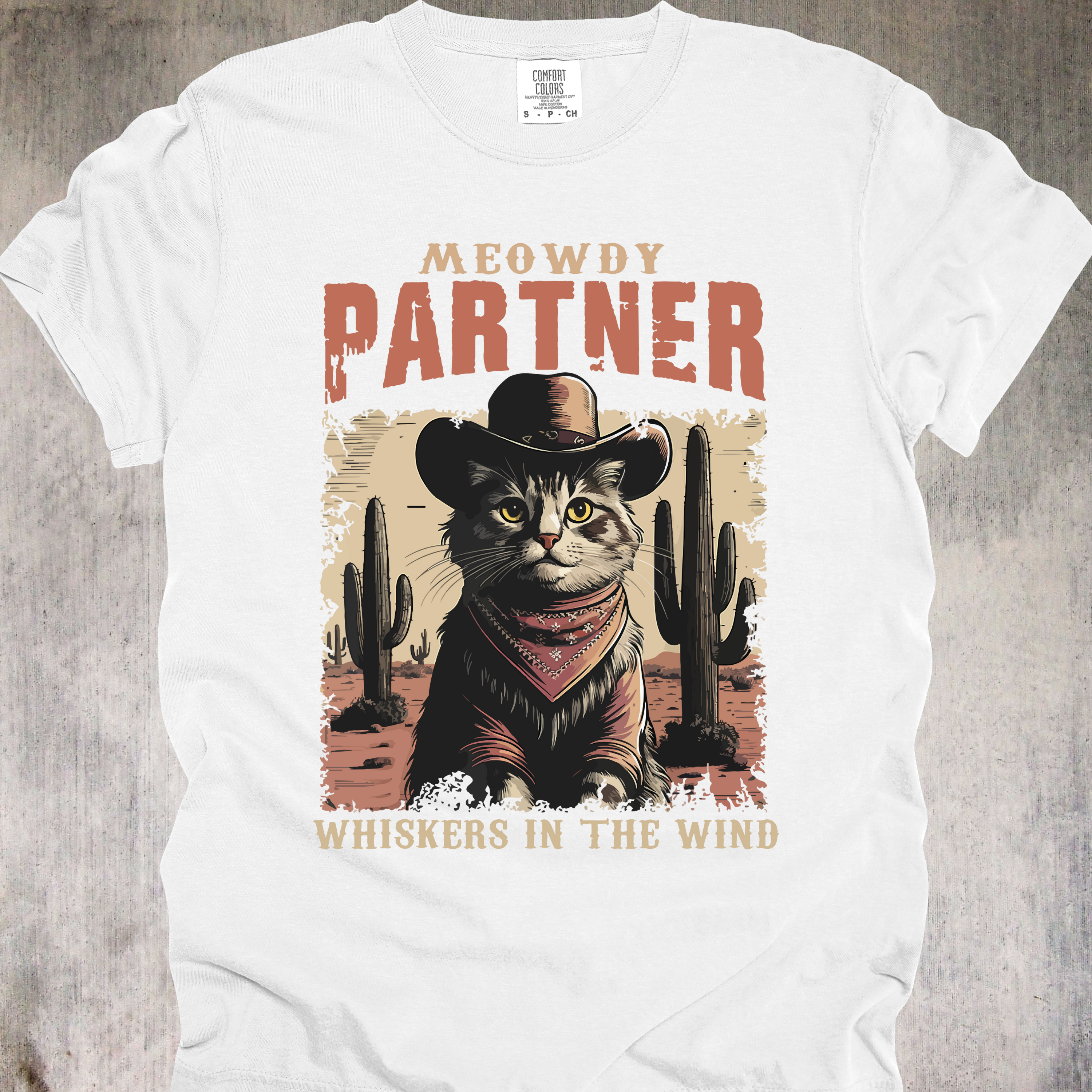 'MEOWDY PARTNER-WHISKERS IN THE  WIND' - Unisex T-Shirt - Saddle Up Fur Lovers!