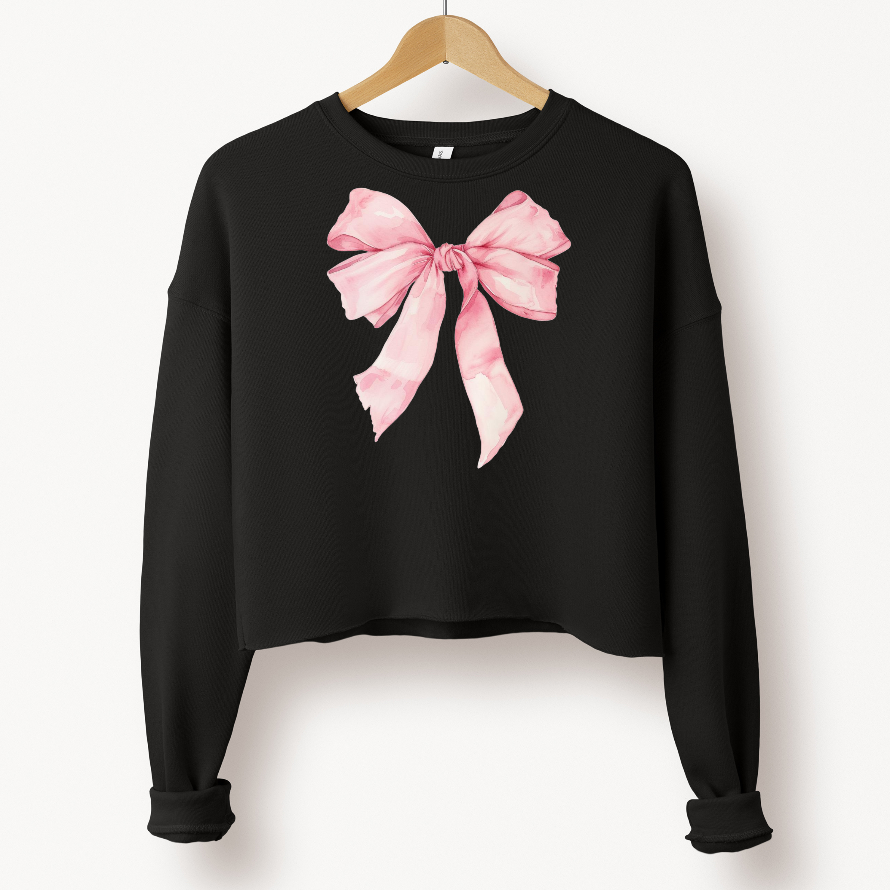Soft Pink Bow Cropped Sweatshirt – Sweet With A Side of Sass - Women's Bella + Canvas Cropped Sweatshirt