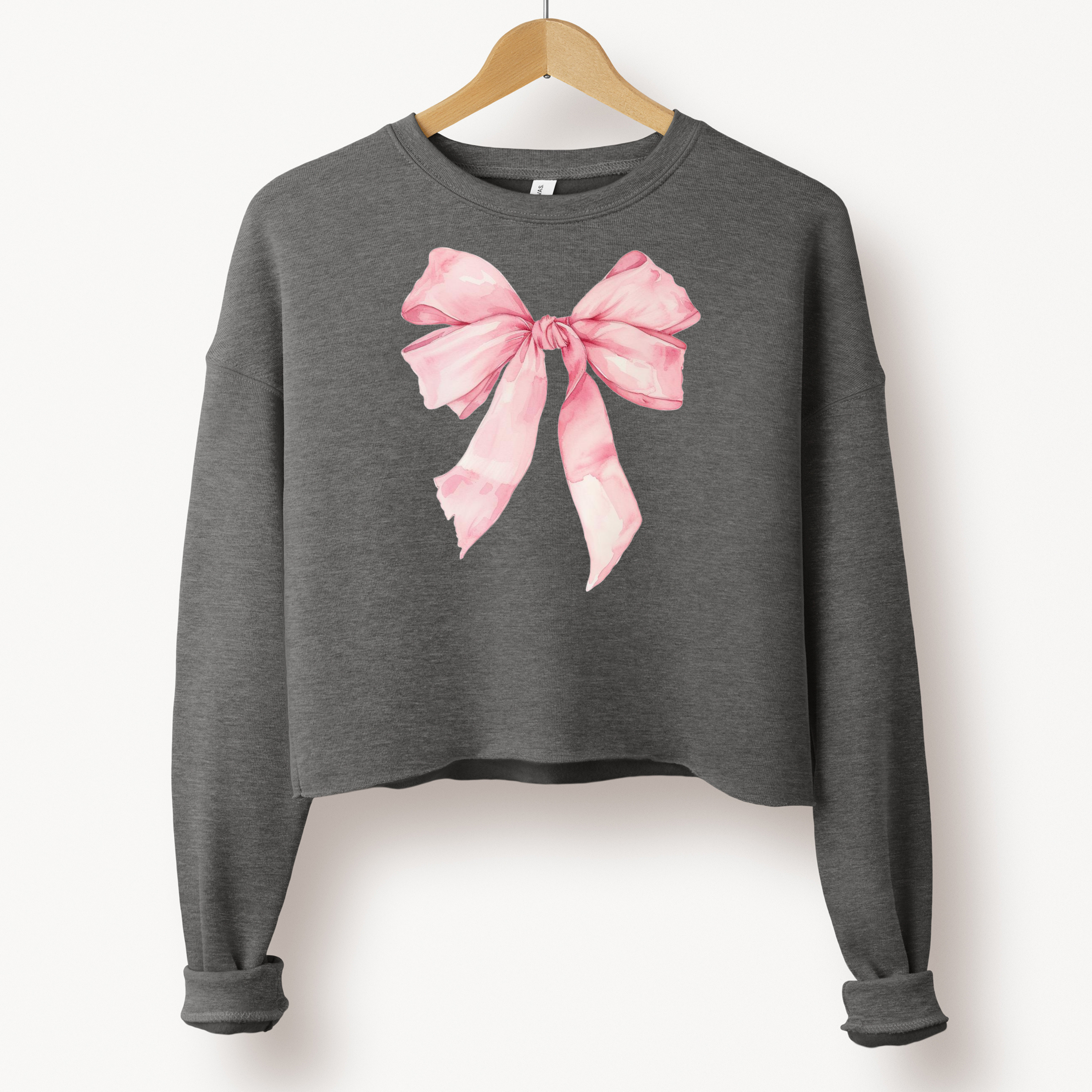 Soft Pink Bow Cropped Sweatshirt – Sweet With A Side of Sass - Women's Bella + Canvas Cropped Sweatshirt