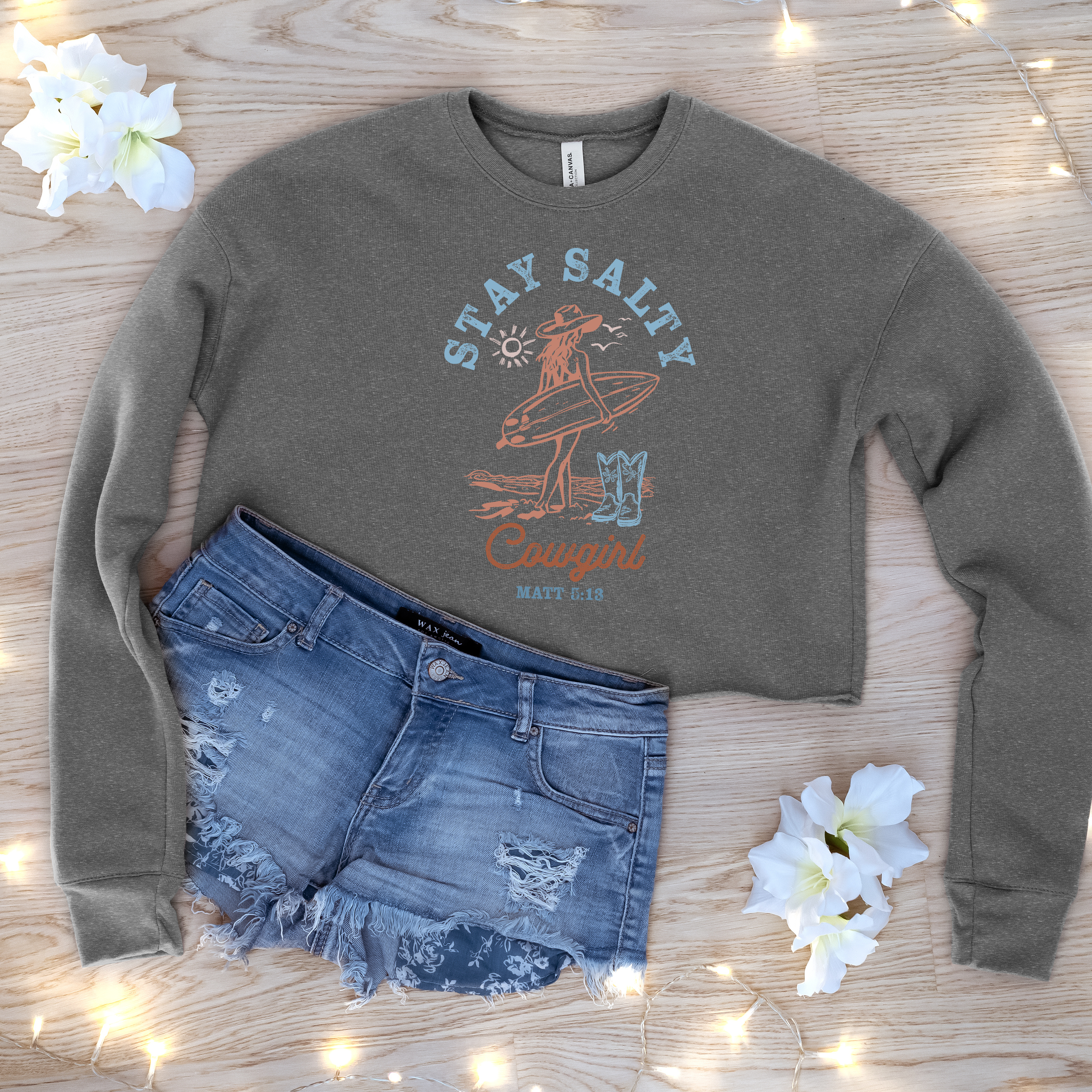 'STAY SALTY COWGIRL' - Women's Cropped Crew Fleece -