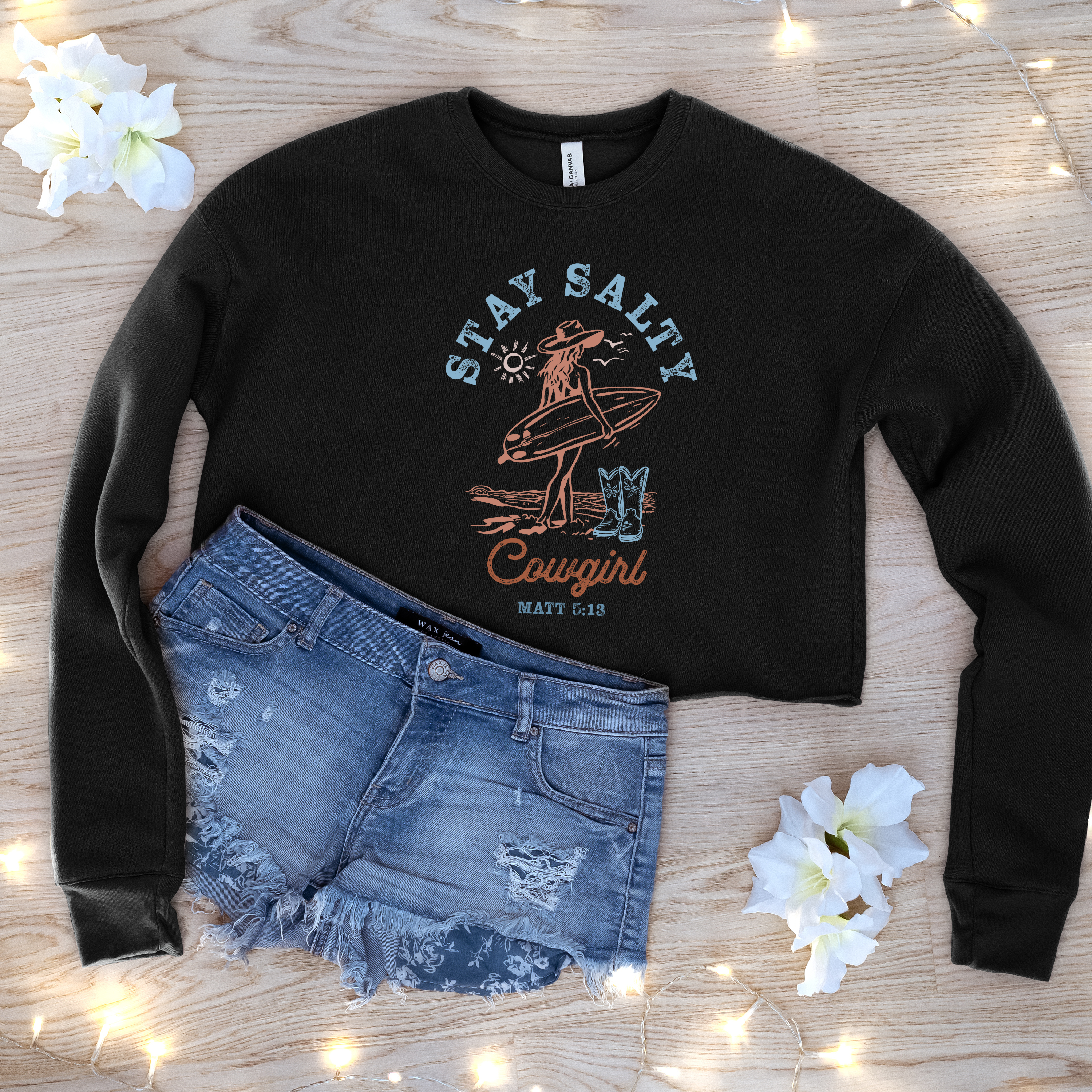 'STAY SALTY COWGIRL' - Women's Cropped Crew Fleece -